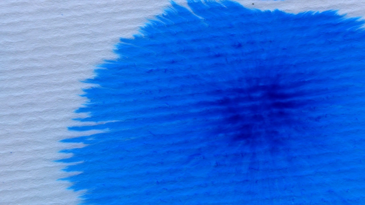 蓝色墨水溅在白色背景上。微距拍摄蓝色颜料刷水彩蓝色调视频素材