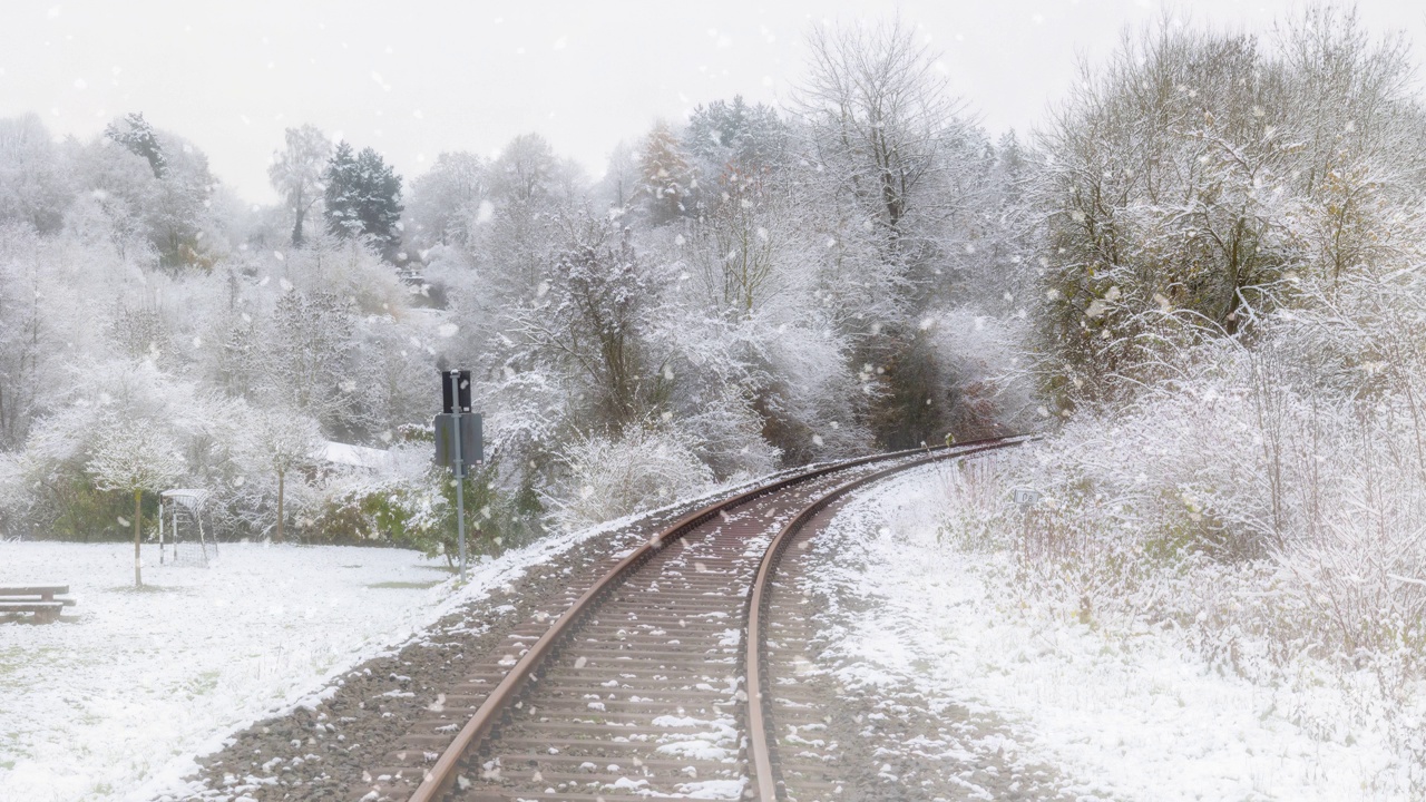 铁路穿过雪和雾的景观视频下载