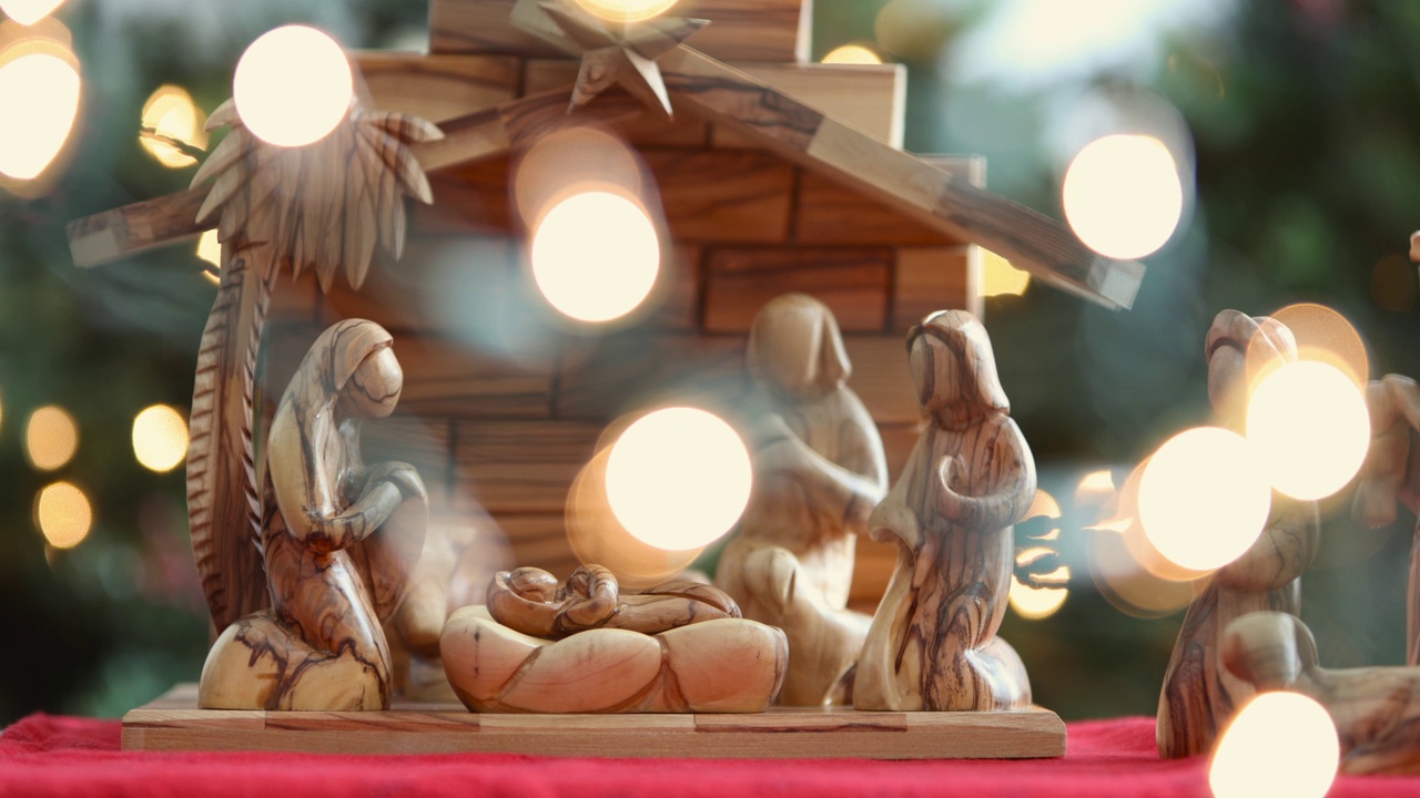 橄榄树木诞生与手把婴儿耶稣放入马槽视频下载