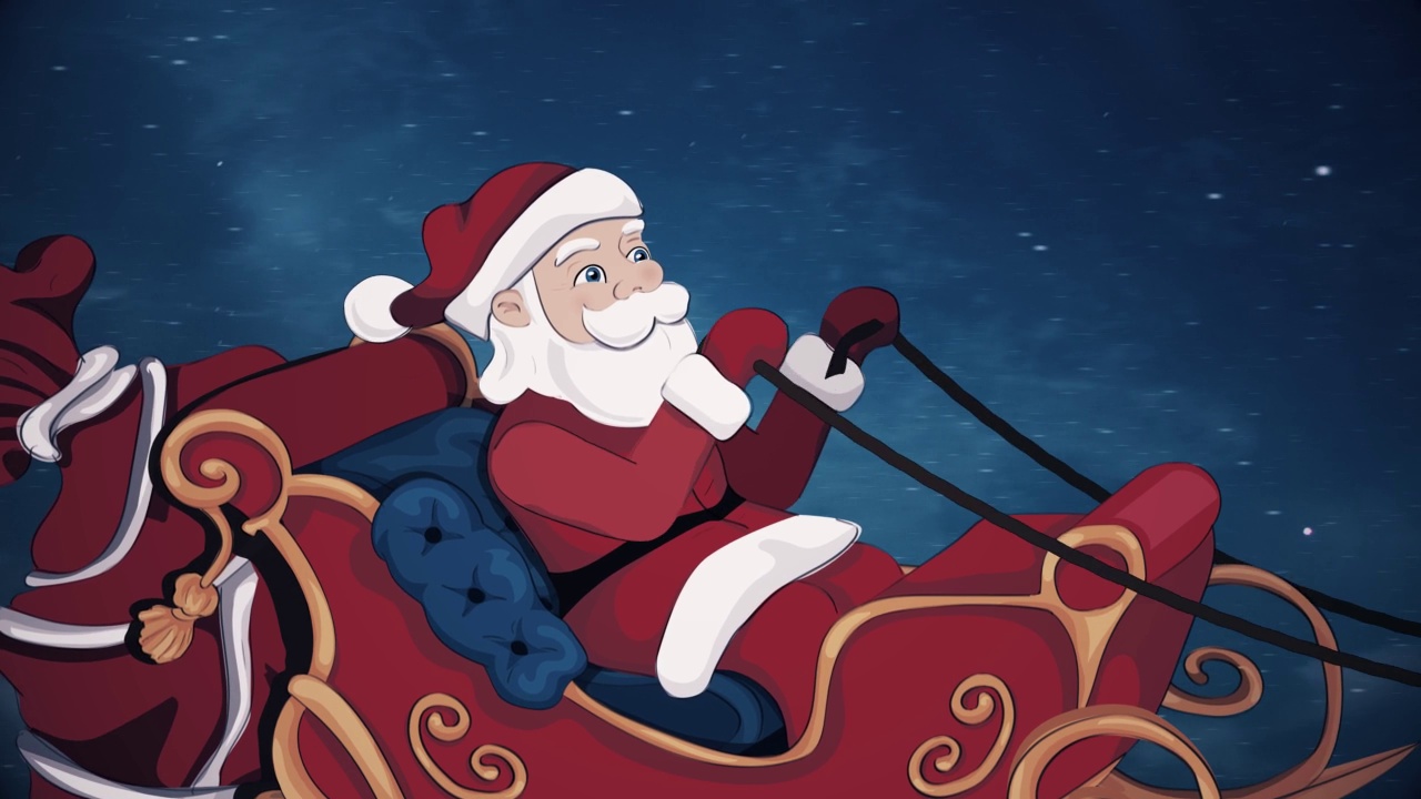 圣诞老人和驯鹿圣诞快乐。新年的概念，礼盒，月亮，问候，动物雪橇，鹿，节日，贺卡，人物动画，童话，插图，驯鹿，雪橇，北极，视频下载