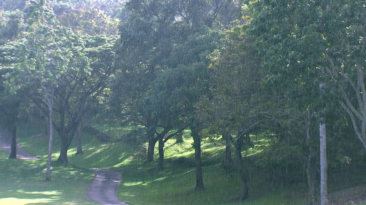 阳光下的高尔夫球场上下着雨，有很多树木和美景。视频下载