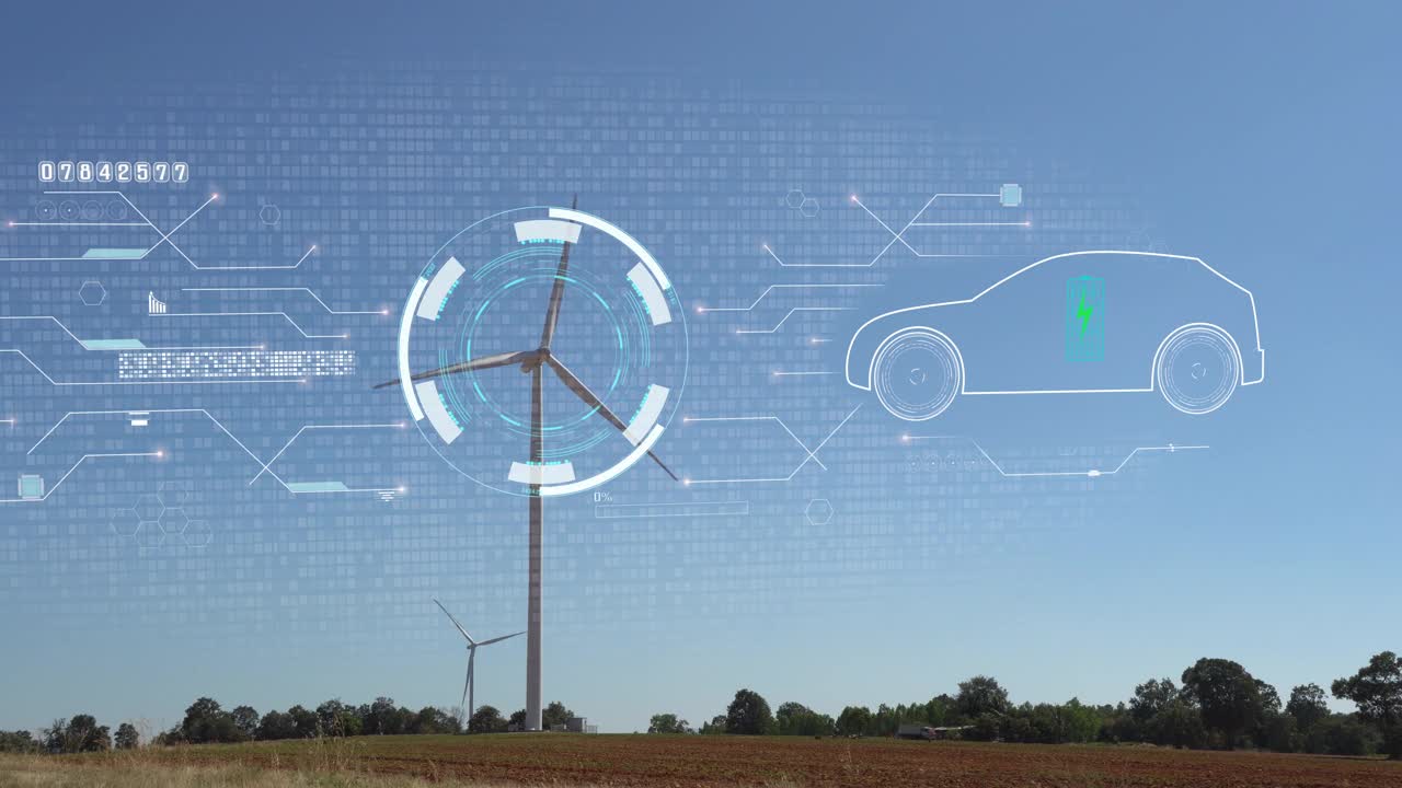 在电动汽车的全息图上，有风力涡轮机的生态环境全息图，可持续的清洁能源。视频素材