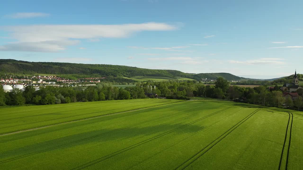 无人机飞过绿色的夏日田野视频素材
