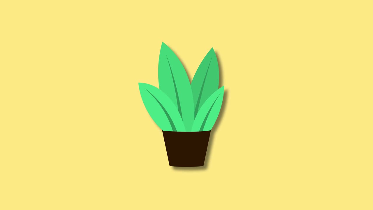 黄色背景的花盆中的卡通植物插图的4K镜头视频下载