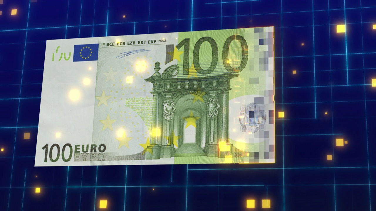 欧元纸币转账或加密货币挖矿视频素材