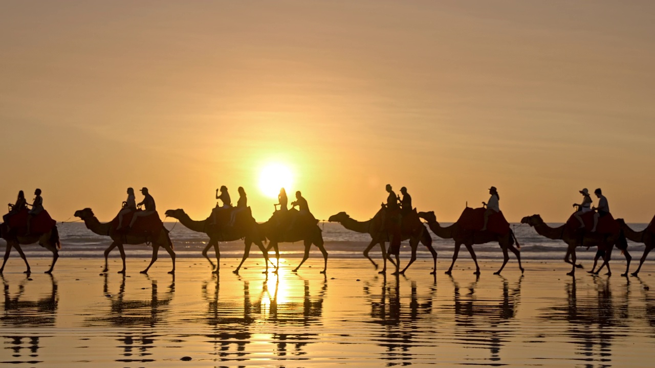 游客们在布鲁姆的凯布尔海滩欣赏日落骑骆驼视频下载