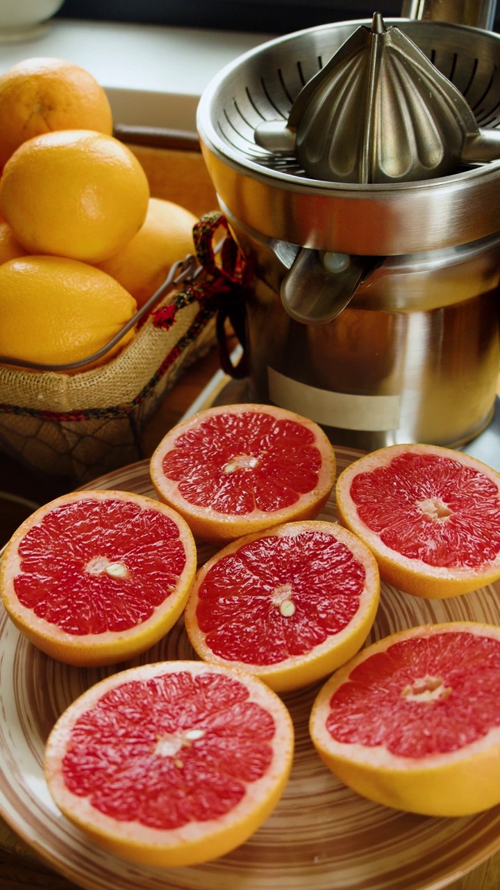 一盘切好的葡萄柚在榨汁机前旋转。健康食品和素食主义。视频素材