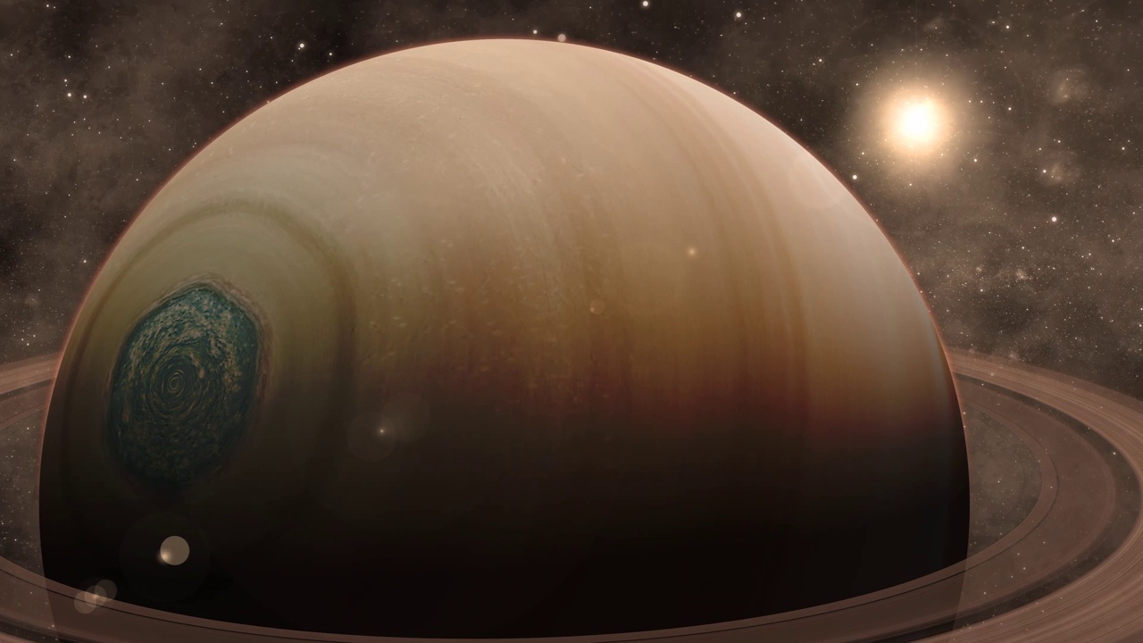 3d逼真的土星环行星视图与发光的太阳视频下载