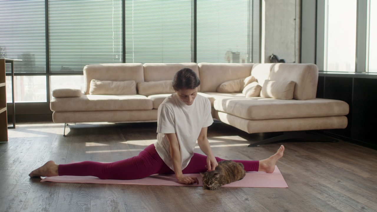 中年妇女在运动服装练习瑜伽在红色健身垫在客厅。运动女性做运动在客厅与一只猫在家里。家庭保健和运动心理疗法的概念。视频下载