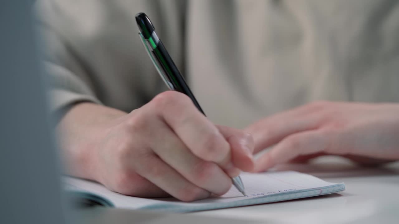 从笔记本电脑上的女性用笔在纸笔记本上写字的特写视频素材