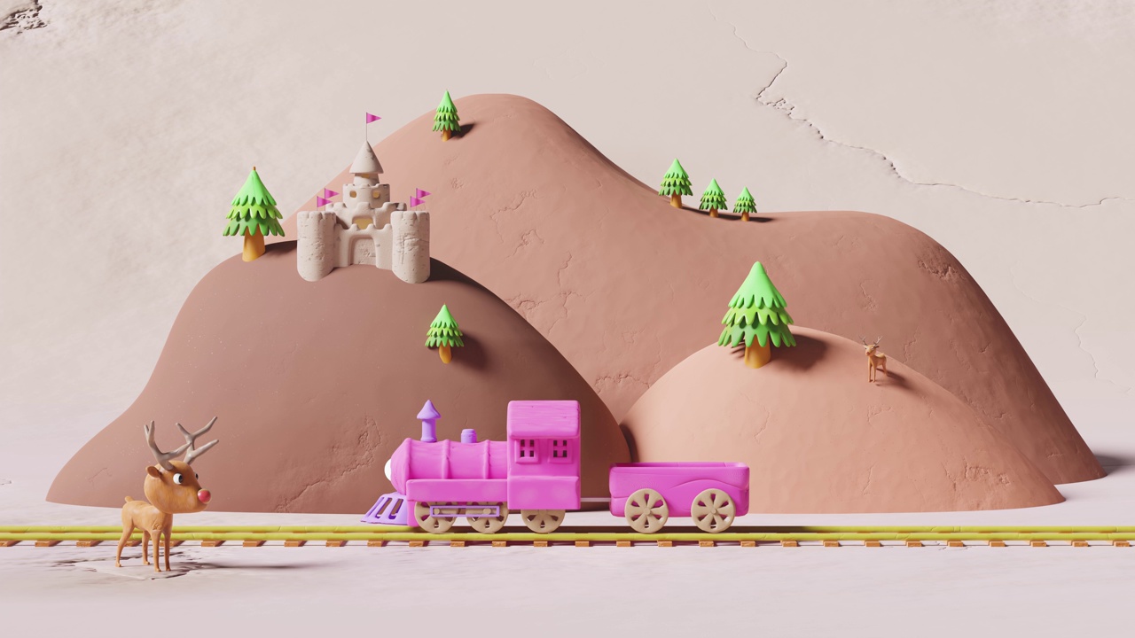 定格3d机车橡皮泥与铁路轨道，蒸汽火车运输粘土玩具，山景观，城堡，塔，堡垒孤立在灰色背景。泥塑玩具图标概念视频下载