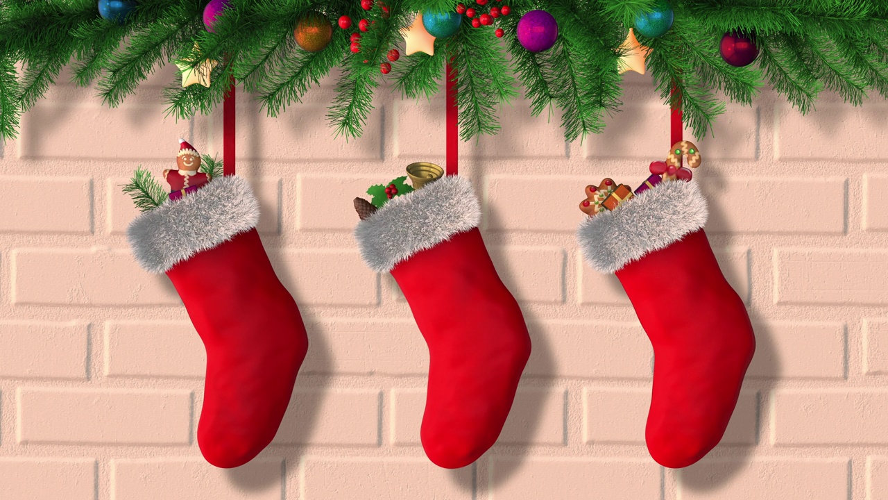 墙上挂着圣诞袜和礼物视频下载