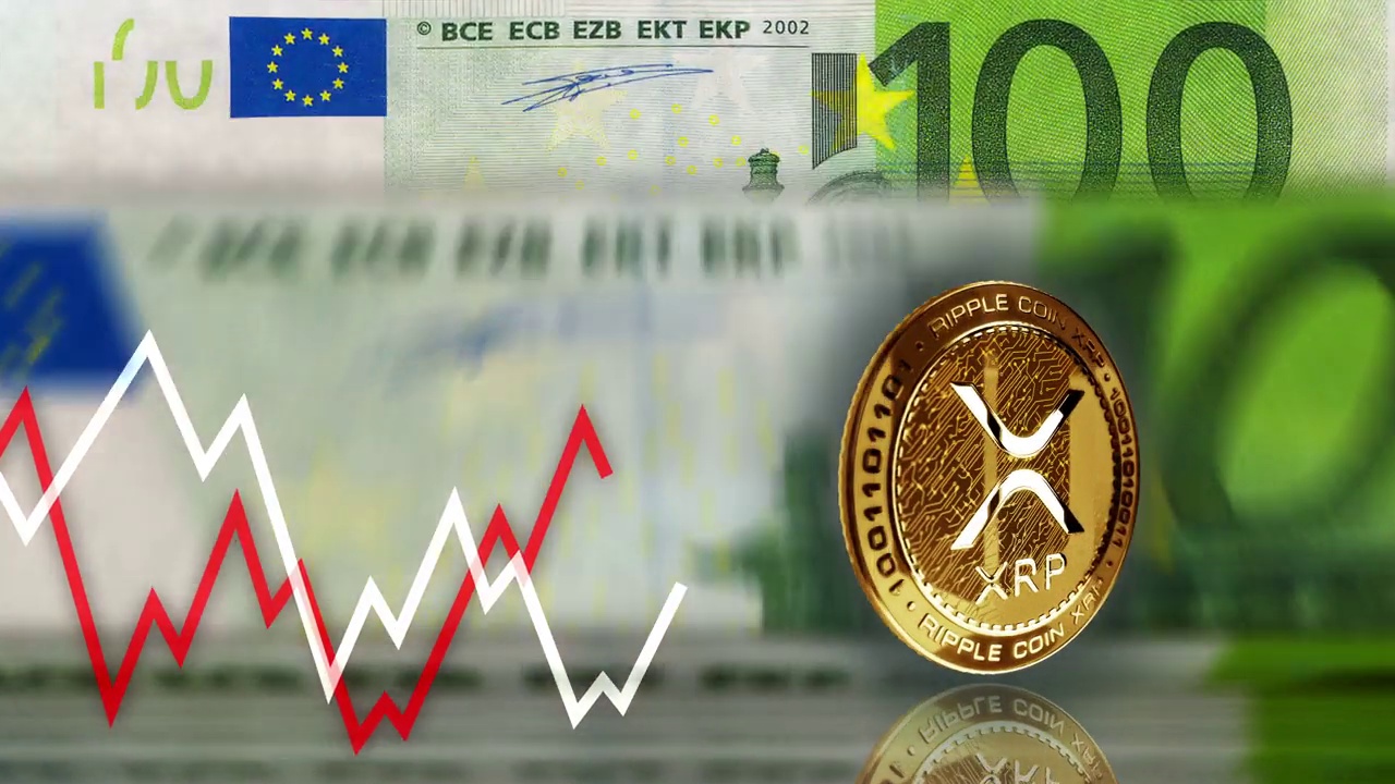 Ripple XRP加密货币超过100欧元纸币循环视频素材