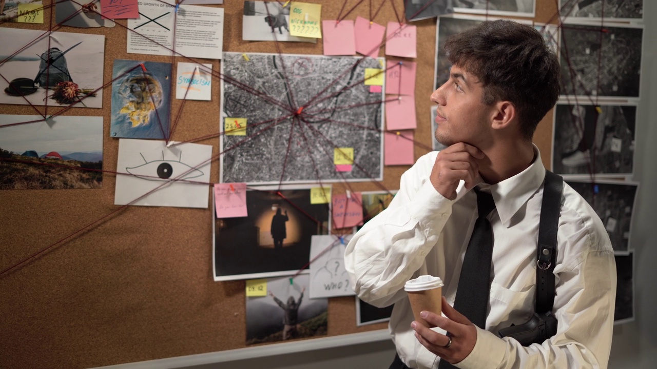 侦探在办公室看证据板，调查员晚上在工作场所喝咖啡视频下载