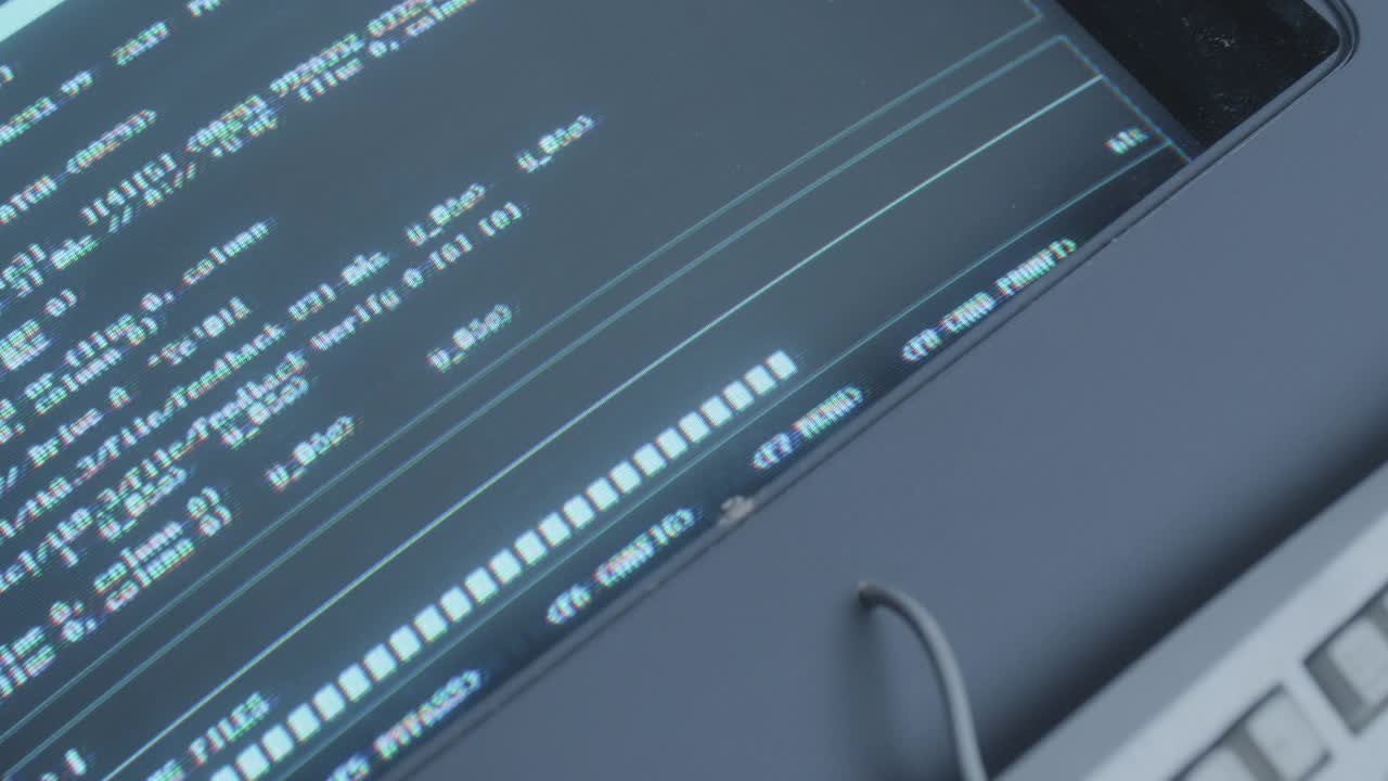 显示编码或文件文本的显示器、数字显示器或计算机屏幕的近角度。键盘部分可见视频素材