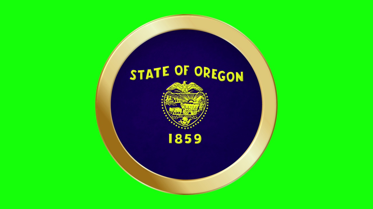俄勒冈州的国旗美国州弹出式的金色金属圆环美国州国旗动画背景孤立的绿色屏幕背景可循环股票视频视频下载