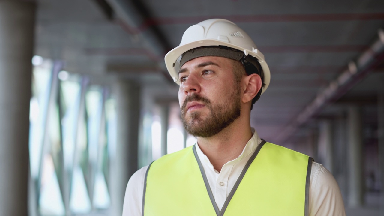 戴着安全帽的大胡子男子走在建筑工地视频素材