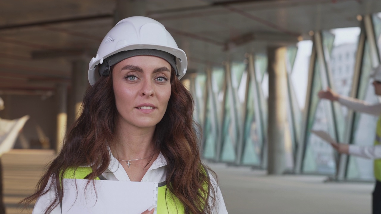 女工程师站在建筑工地的肖像视频素材