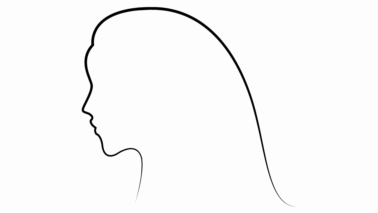 动画黑色剪影的女人与头发的脸。漂亮女孩的头从金丝带。线性符号。美的概念。毛圈的视频。矢量线性插图隔离在白色背景上。视频下载