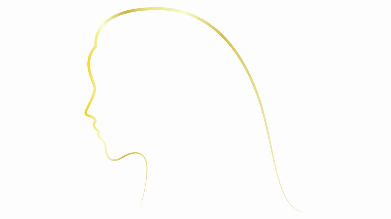 动画金色剪影的女人与头发的脸。漂亮女孩的头从金丝带。线性符号。美的概念。毛圈的视频。矢量线性插图隔离在白色背景上。视频下载
