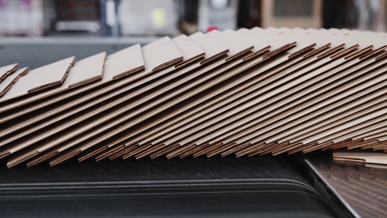 适用于棕色纸箱生产线的生产。输送线用于生产瓦楞纸箱。现代化工厂生产纸箱由再生纸。慢动作视频视频素材