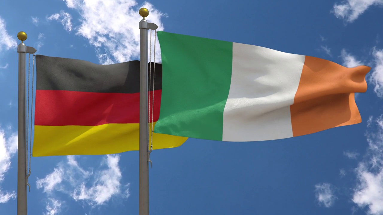 德国国旗与爱尔兰国旗在一杆，3D渲染，两个旗帜视频下载
