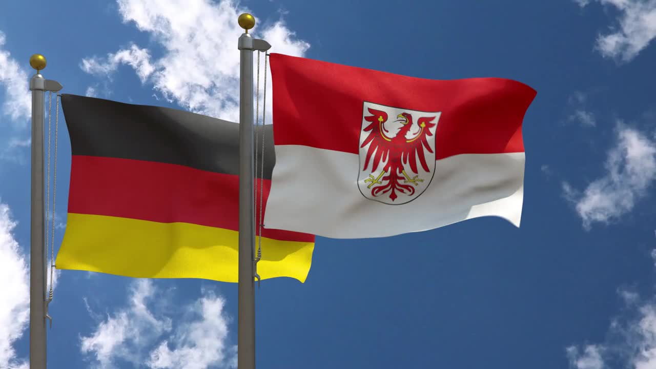 德国国旗与勃兰登堡国旗在一杆，3D渲染，两个旗帜视频下载