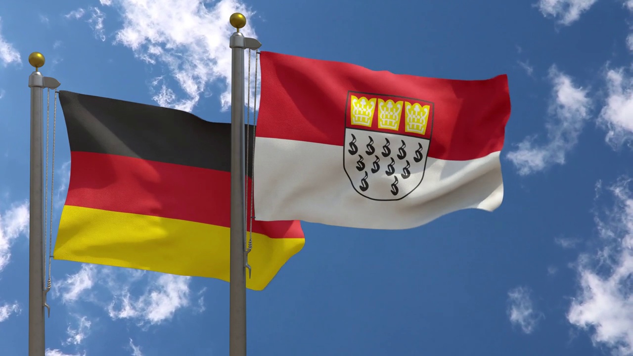 德国国旗与科隆国旗在一杆，3D渲染，两个旗帜视频下载