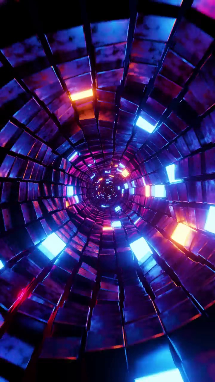 带着发光的立方体在隧道里飞行。垂直循环视频视频下载