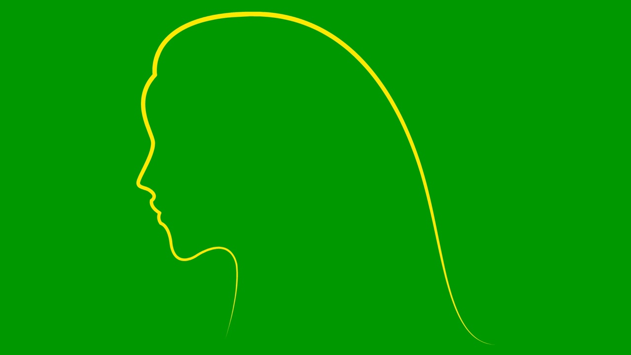 动画黄色剪影的女人与头发的脸。漂亮女孩的头从金丝带。线性符号。美的概念。毛圈的视频。矢量线性插图隔离在绿色背景上。视频下载