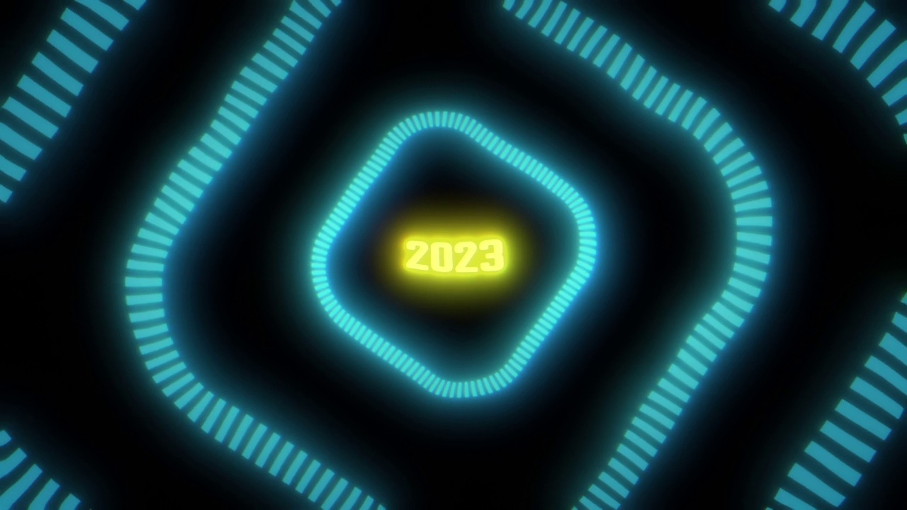 黄色2023发光数字内迷幻青蓝霓虹灯隧道。视频下载