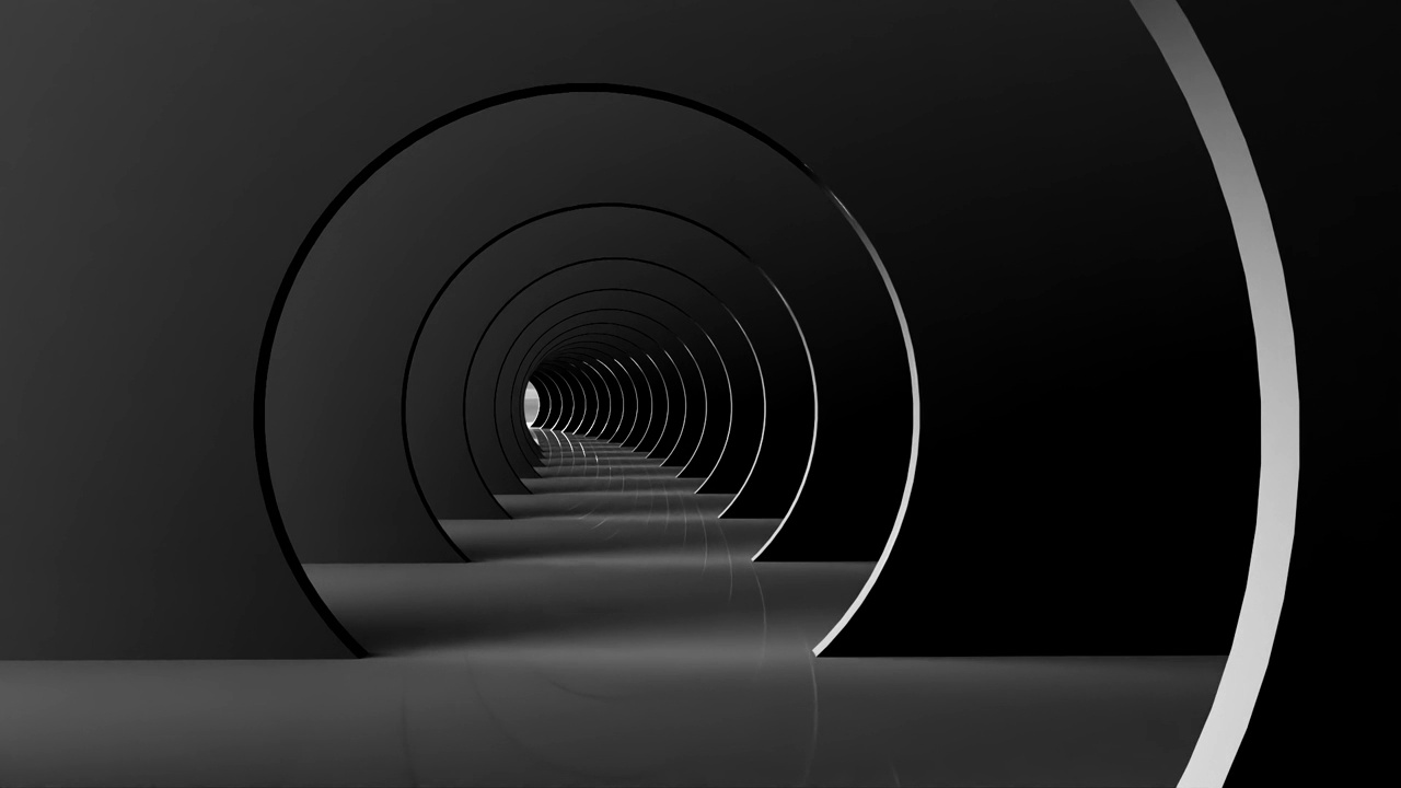 飞行通过一个未来主义的白色隧道，圆形门，黑色墙壁和明亮的光线，3d动画视频素材
