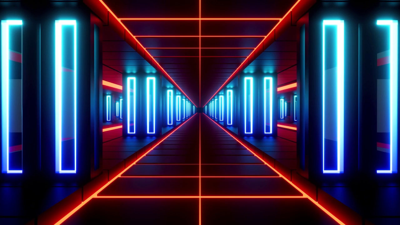 带有红色面板和蓝色发光柱子的抽象科幻走廊。三维动画视频下载