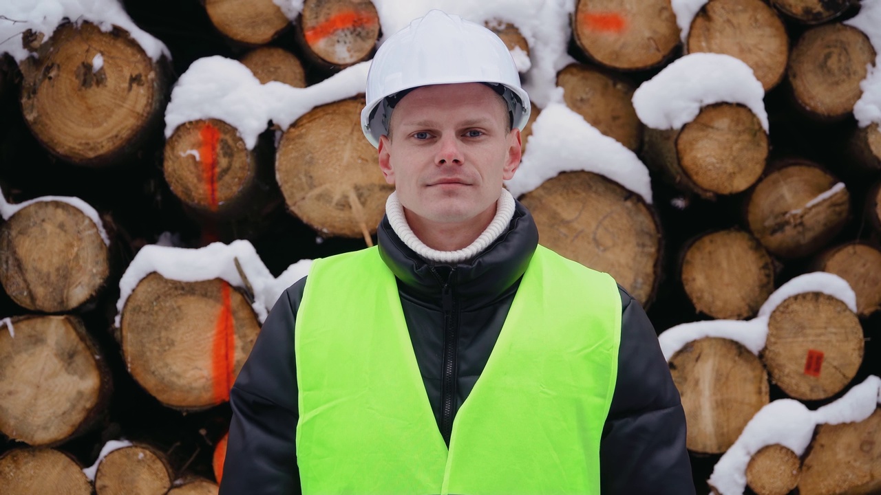 工程师头戴安全帽，身穿防护背心，站在采伐圆木前视频下载