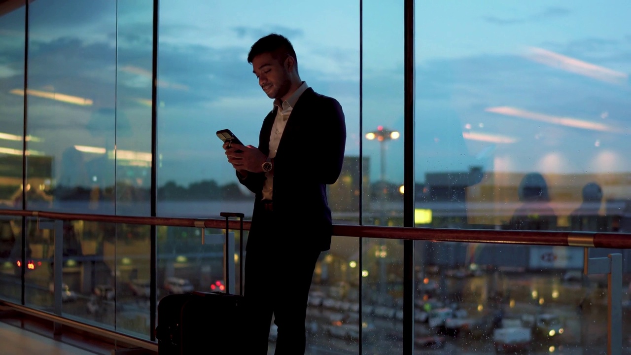 一名印度商人在机场候机大厅等待航班时使用手机视频下载