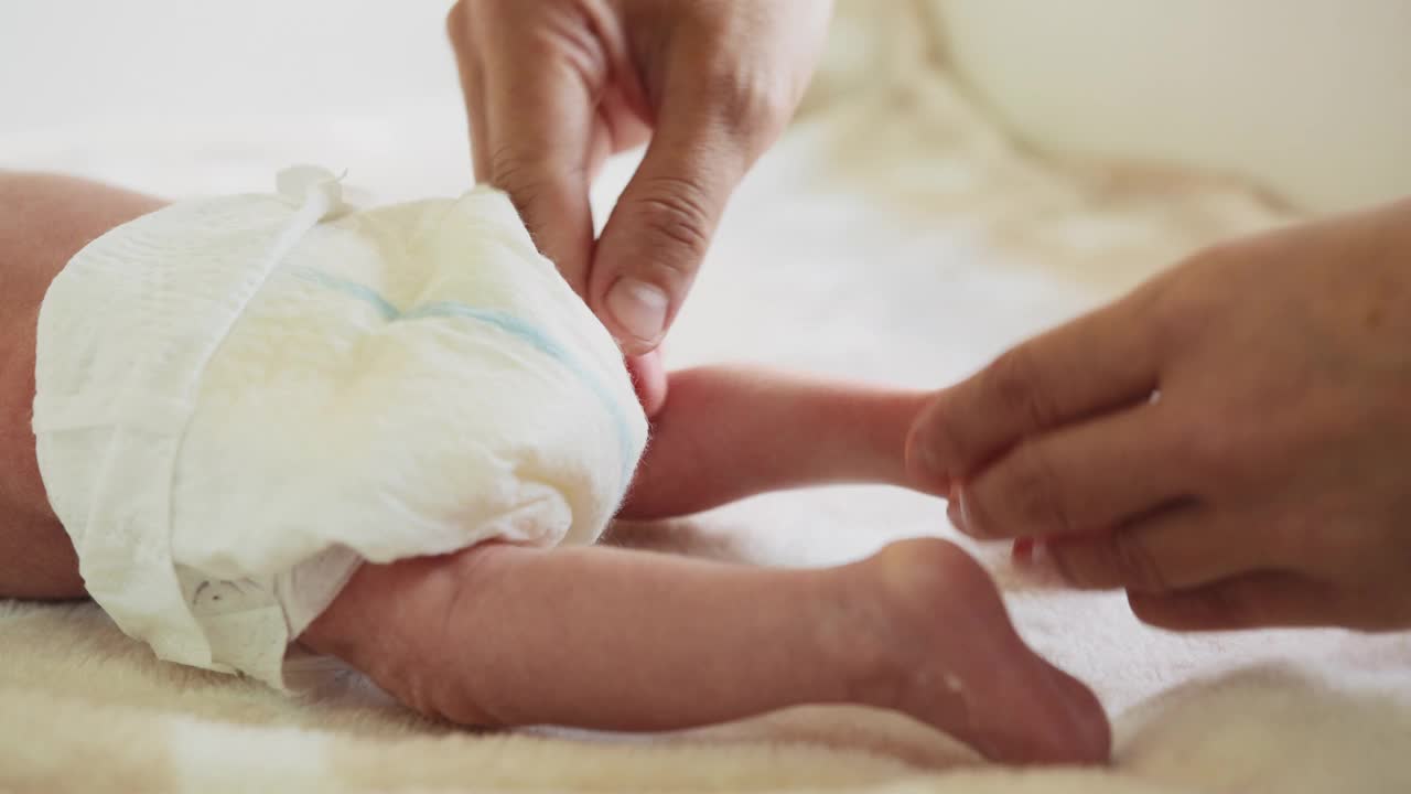治疗师双手揉搓婴儿的小腿。按摩师正在按摩小宝宝的脚。快乐的女婴在家里做婴儿按摩的妈妈。新生儿2-5个月左右视频下载