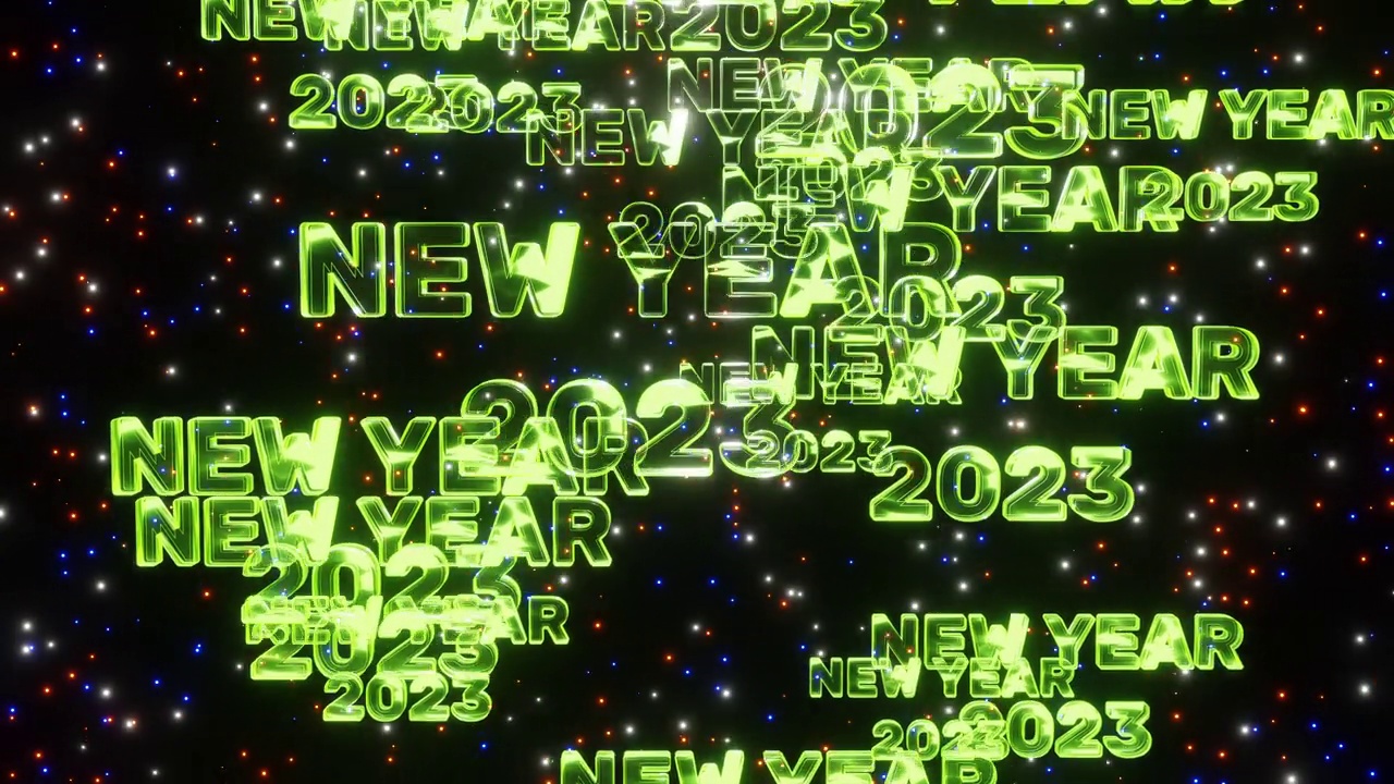 背景以2023年新年掉落文字的形式在黄色霓虹灯的星星背景上进行3d渲染。新年快乐屏保，除夕快乐。假期到了视频下载