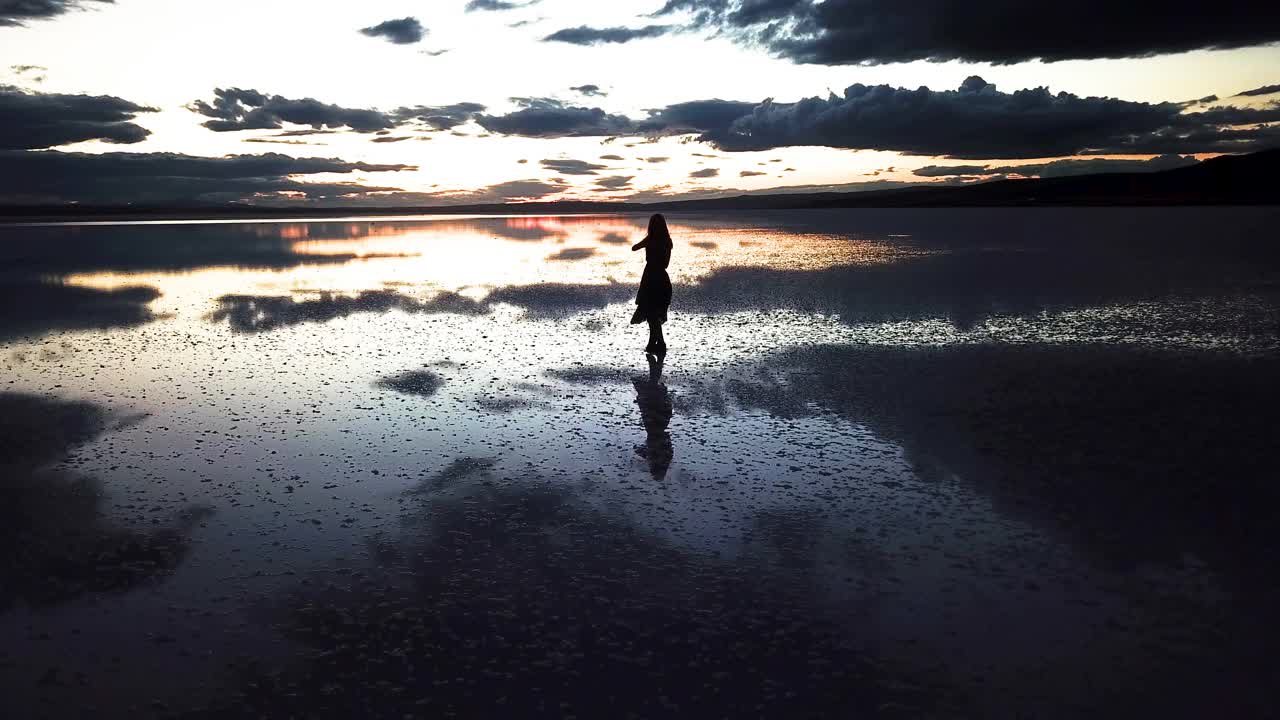 现代芭蕾舞演员在海上夕阳下翩翩起舞视频素材
