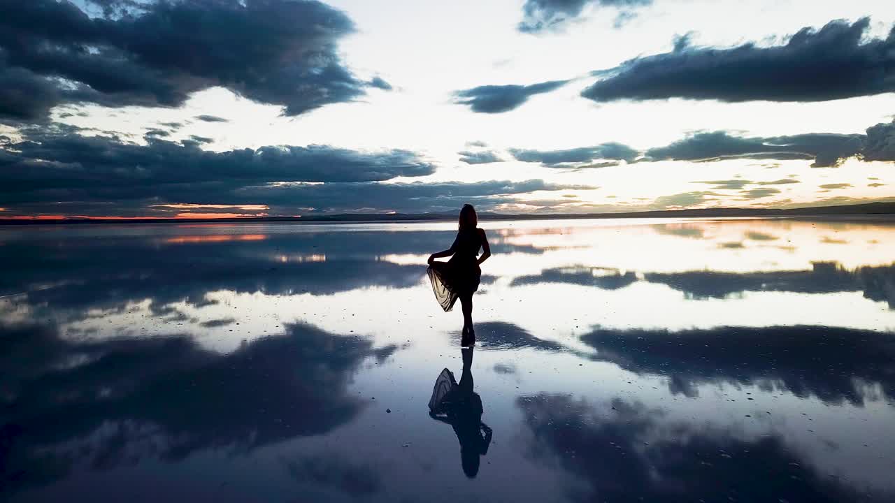 现代芭蕾舞演员在海上夕阳下翩翩起舞视频素材