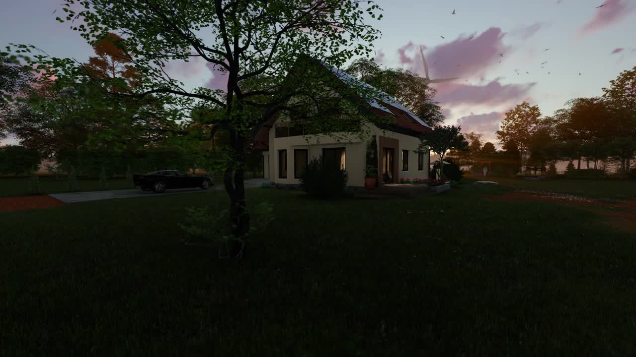 绿色的房子，有太阳能电池板和风力涡轮机在湖边，在美丽的日落下，平移4K视频下载