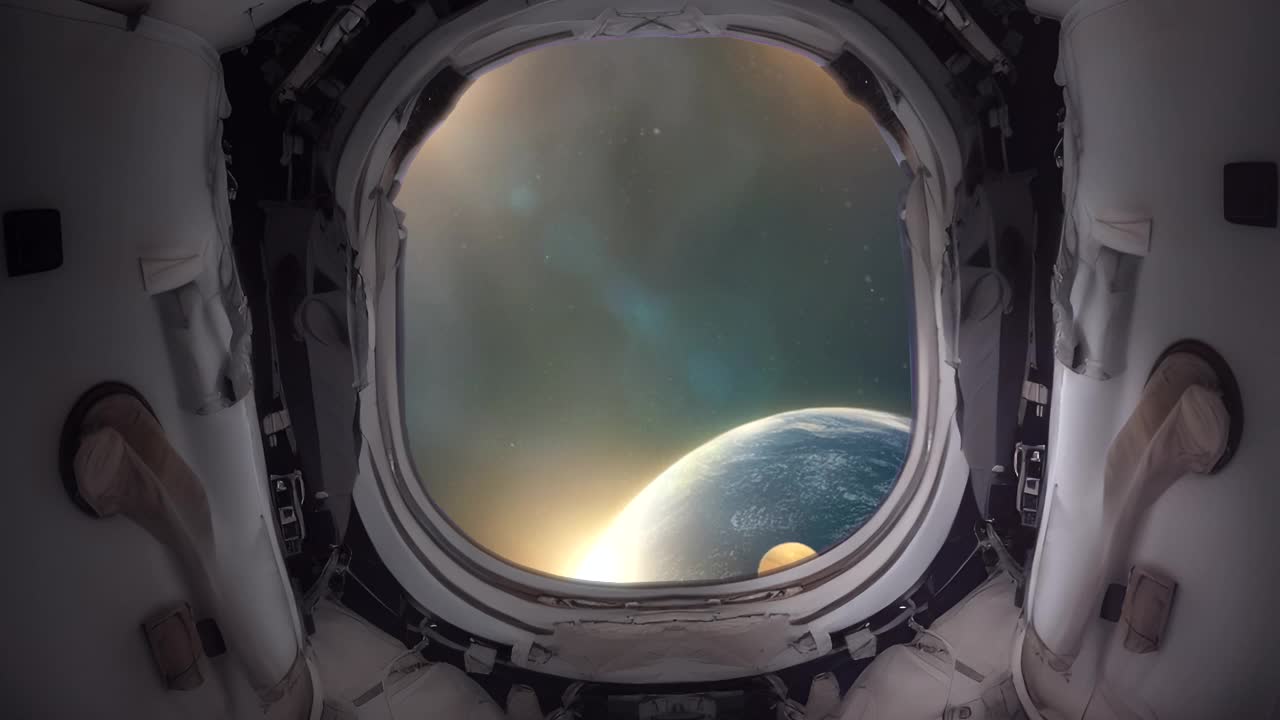 从飞船逃生舱的窗户往下看，这是一颗有月球的类地行星视频素材