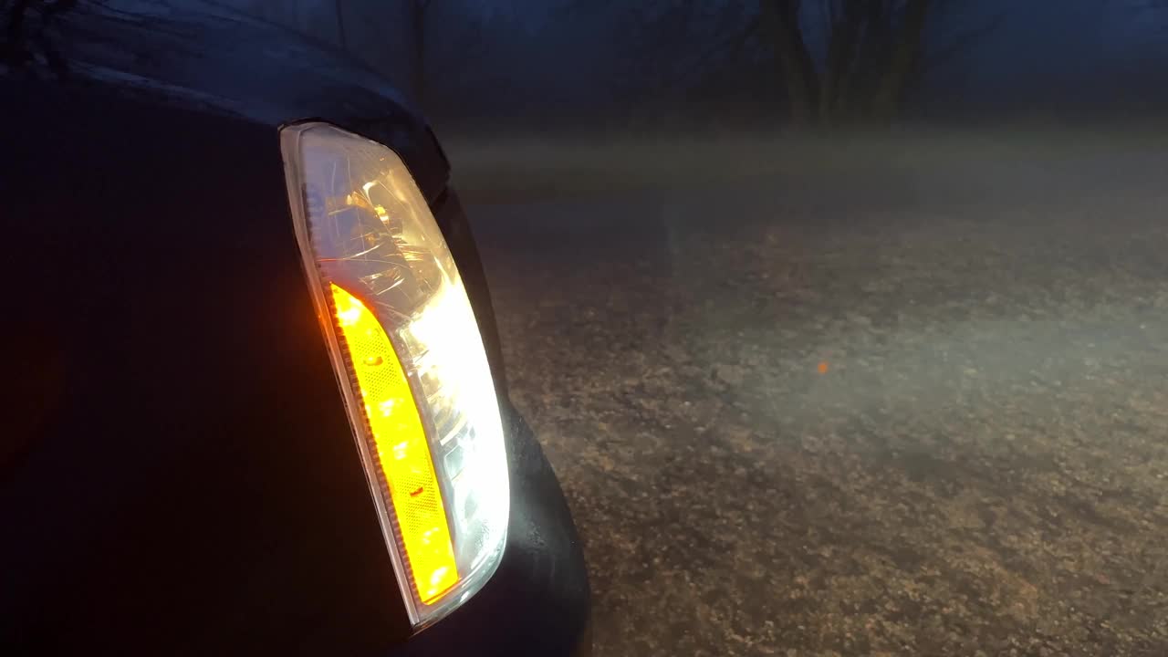 傍晚，乡村道路上的雾中，一辆汽车的前灯发出的光。视频下载