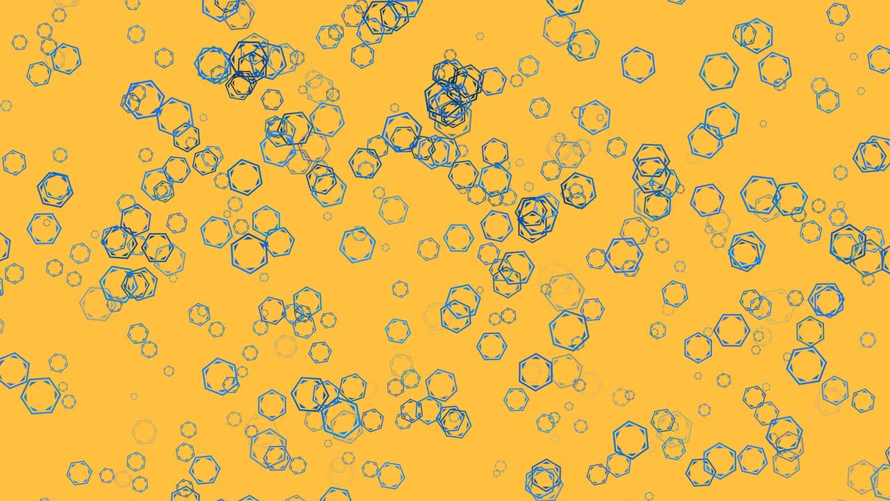 流动的蓝色抽象六边形环在黄色背景。母亲节，父亲节，情人节，婚礼，圣诞节，生日的节日背景。透明Alpha通道3D渲染视频下载