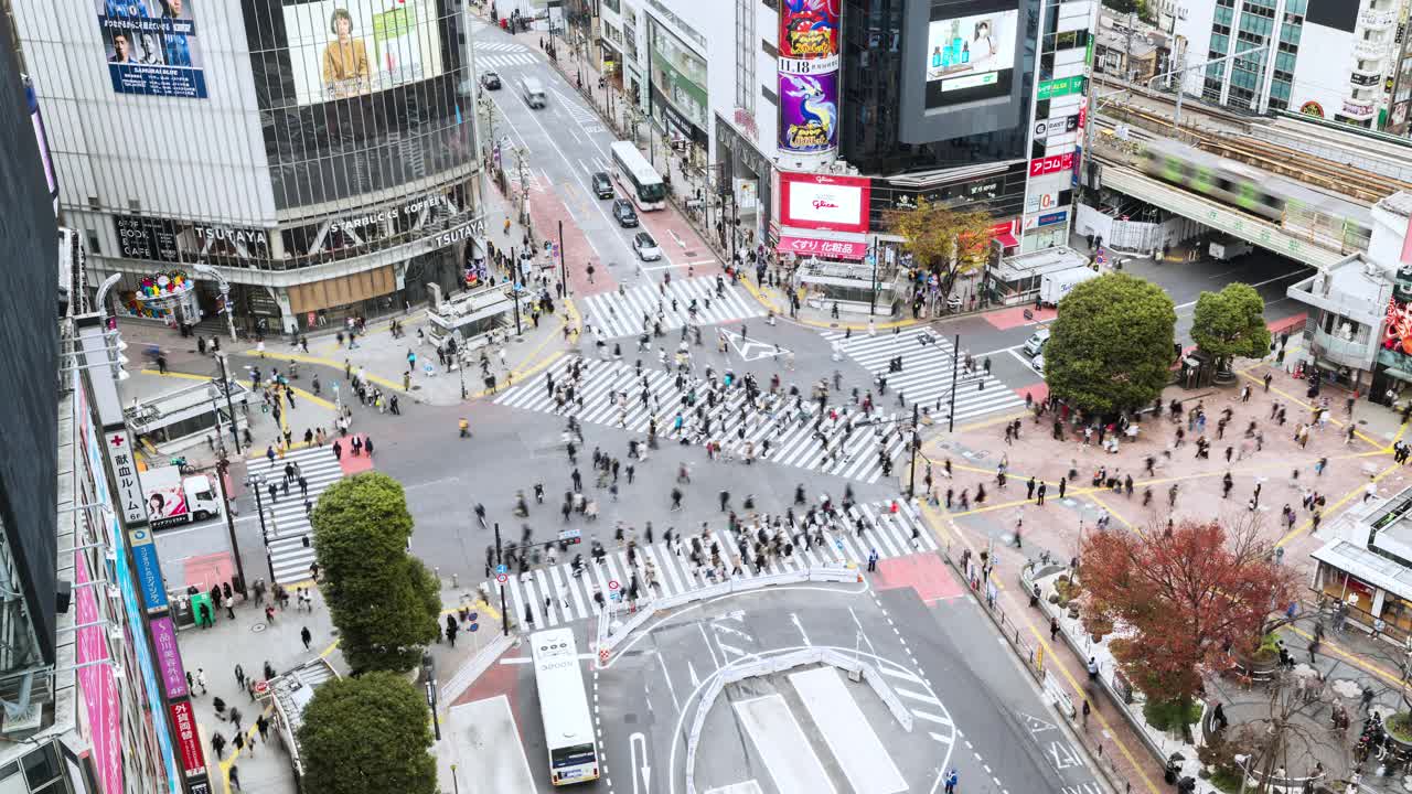 时间流逝的汽车交通运输，拥挤的人走过涩谷十字路口。东京旅游景点地标，日本旅游，亚洲交通或亚洲城市生活理念视频下载
