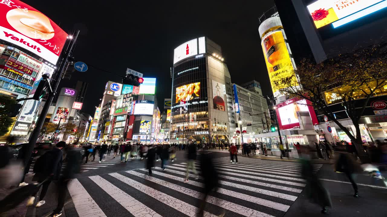 夜间时间流逝的汽车交通运输，拥挤的人走在涩谷路口的十字路口争抢。东京旅游景点地标，日本旅游，亚洲交通或亚洲城市生活理念视频素材