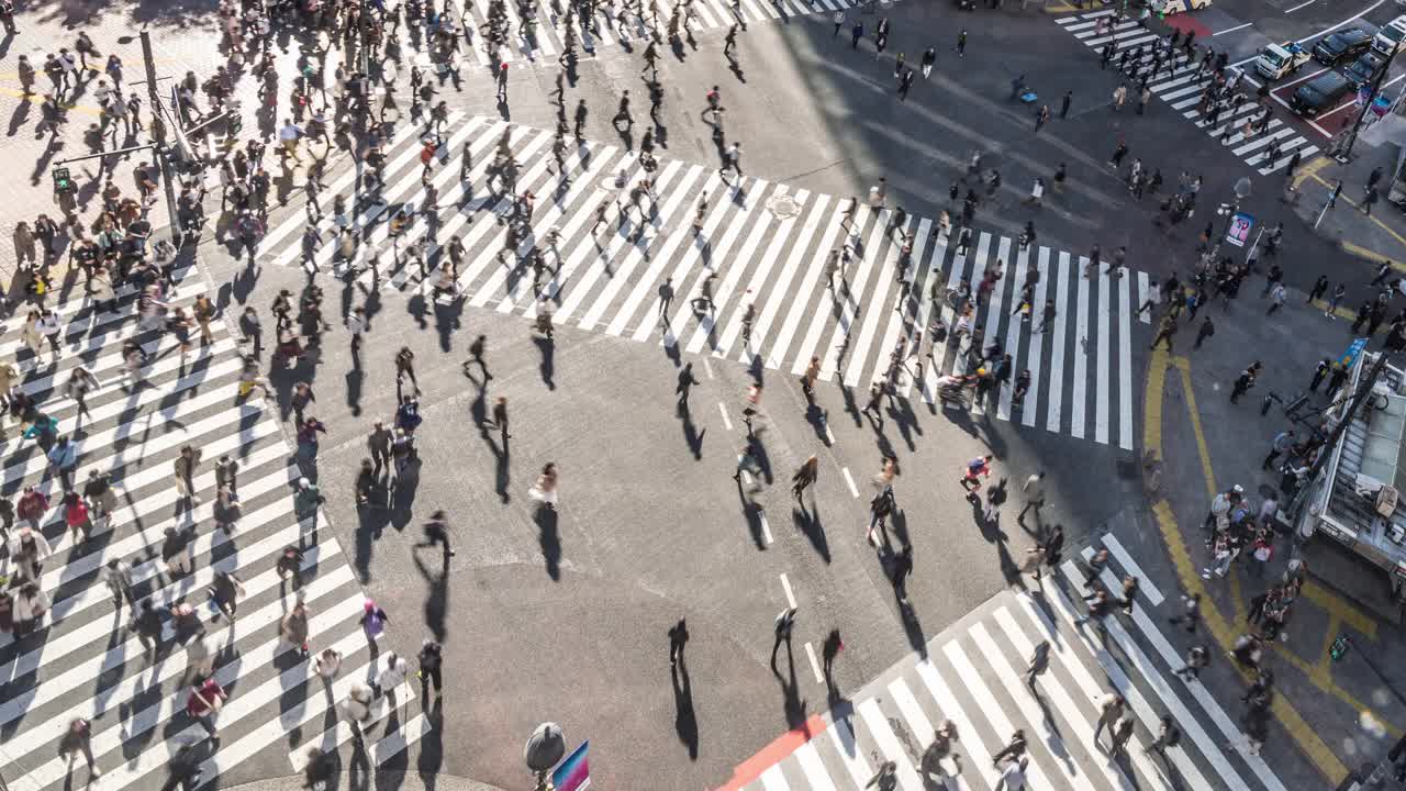时间流逝的汽车交通运输，拥挤的人走过涩谷十字路口。东京旅游景点地标，日本旅游，亚洲交通或亚洲城市生活理念视频素材