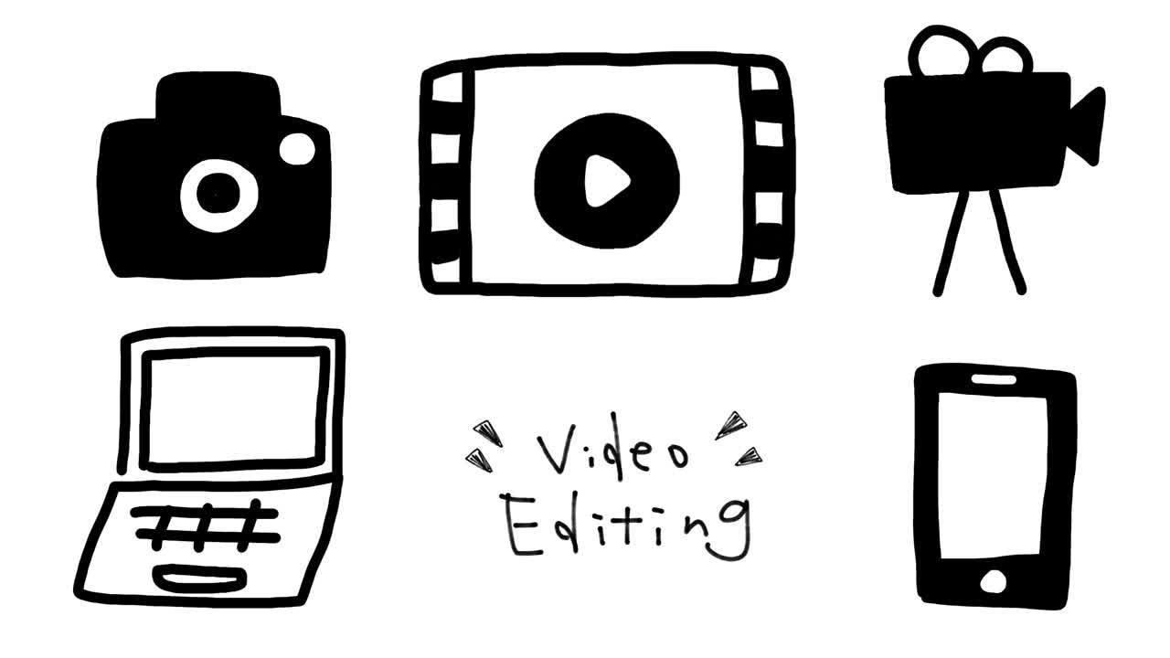 视频编辑复古可爱手绘黑白线条画插画视频。用相机和智能手机在电脑上拍摄和编辑视频。视频下载