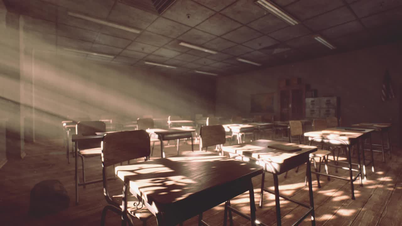 教室里有桌子、小黑板和肮脏的墙壁视频下载
