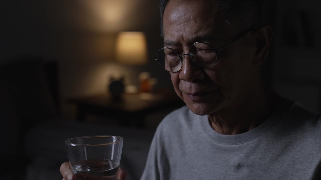 抑郁的亚洲老年男子因失眠而无法入睡。高级亚洲男子服用安眠药。视频素材