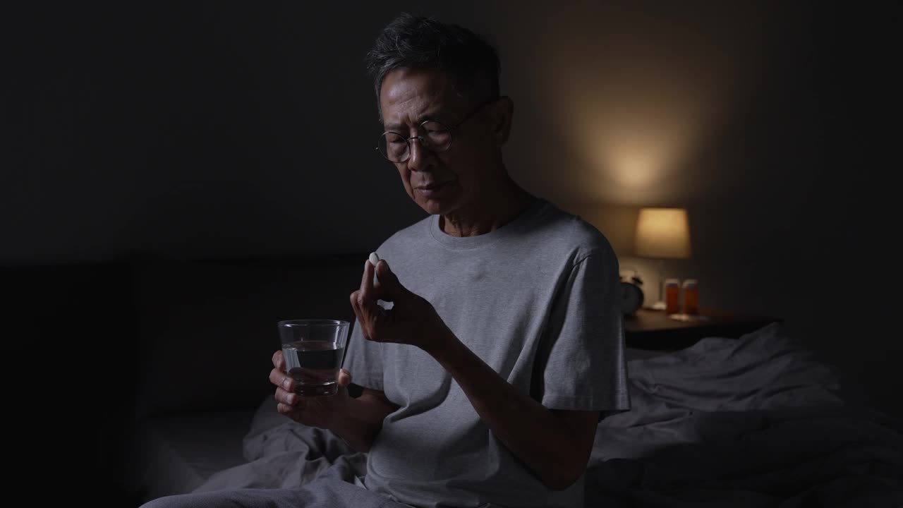 抑郁的亚洲老年男子因失眠而无法入睡。高级亚洲男子服用安眠药。视频素材